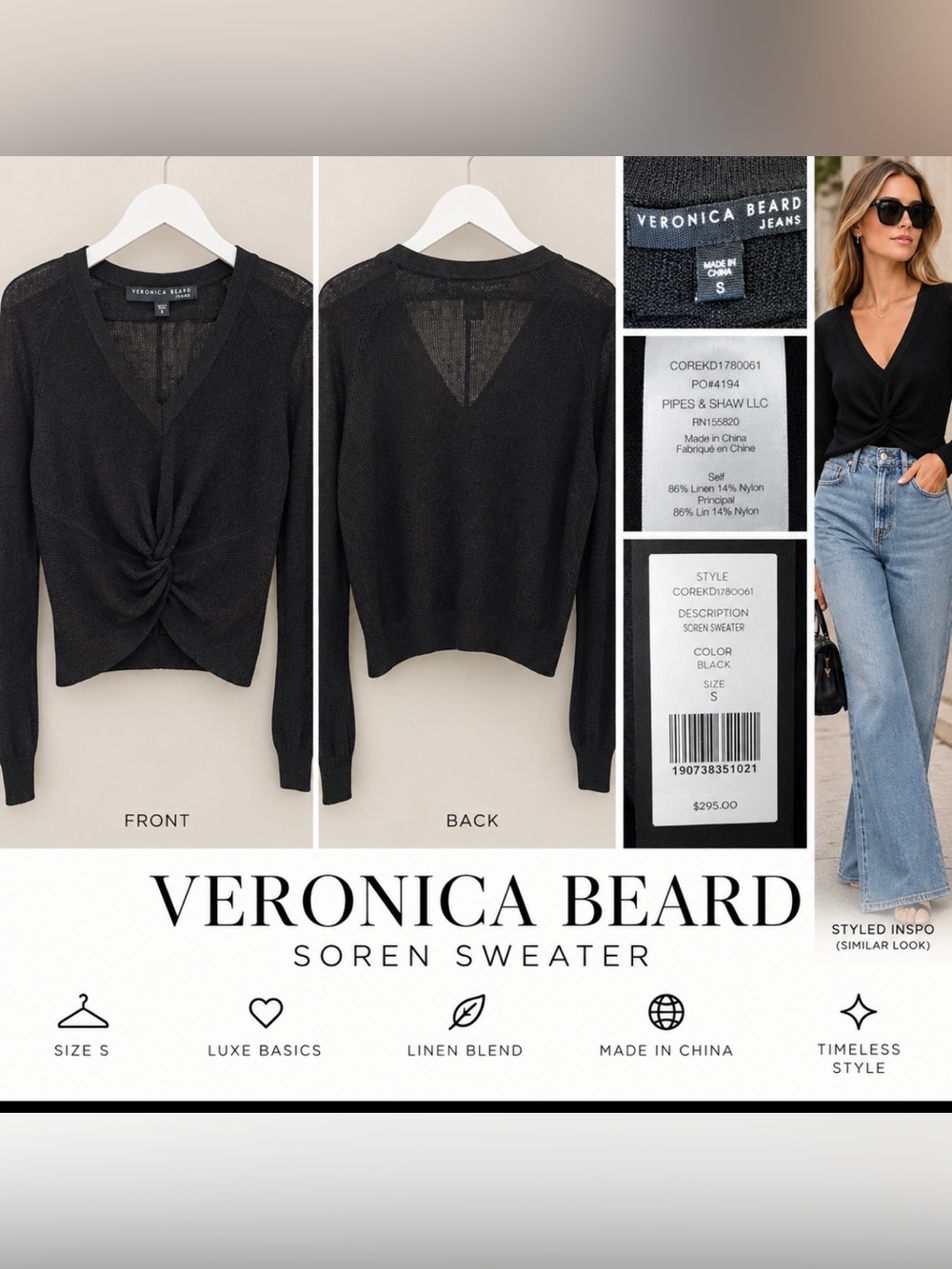 Veronica Beard Black V-Neck Twist-Front Sweater